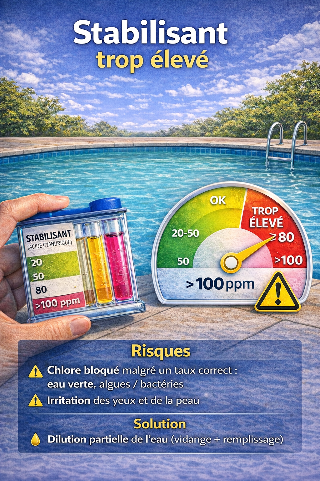 Stabilisant (acide cyanurique) trop élevé : quels risques et comment le baisser ?